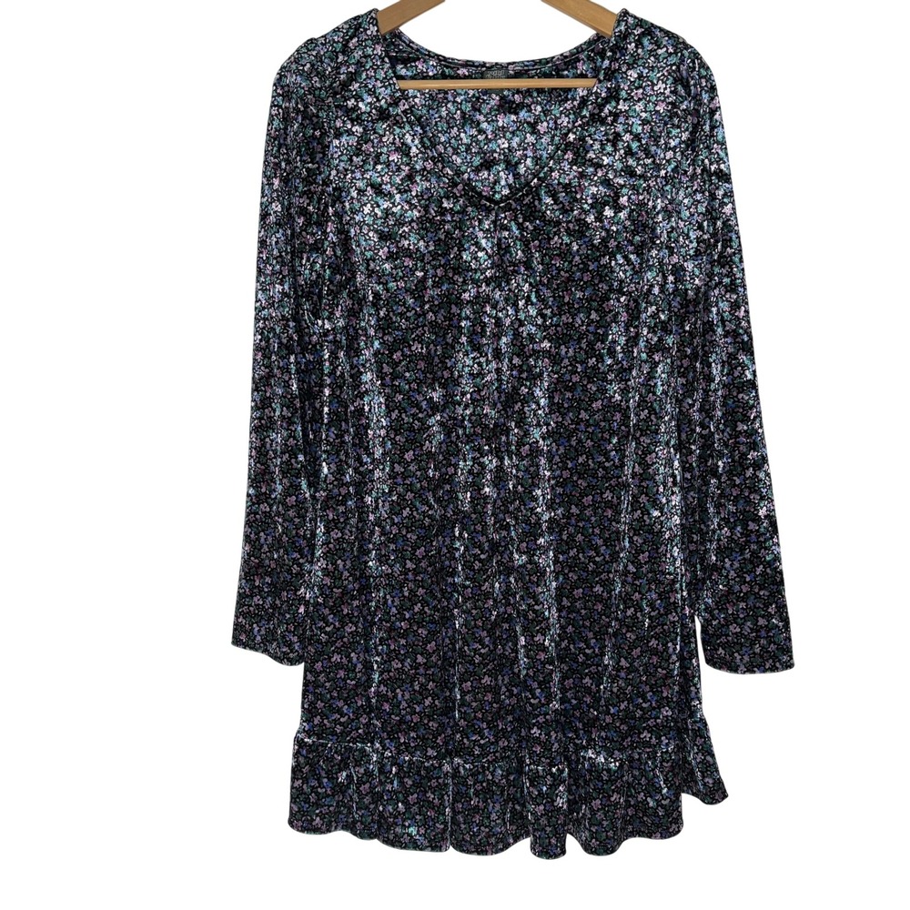 Wild Fable Women Black Floral Velvet Mini Dress Size L Peplum Whimsigoth Grunge